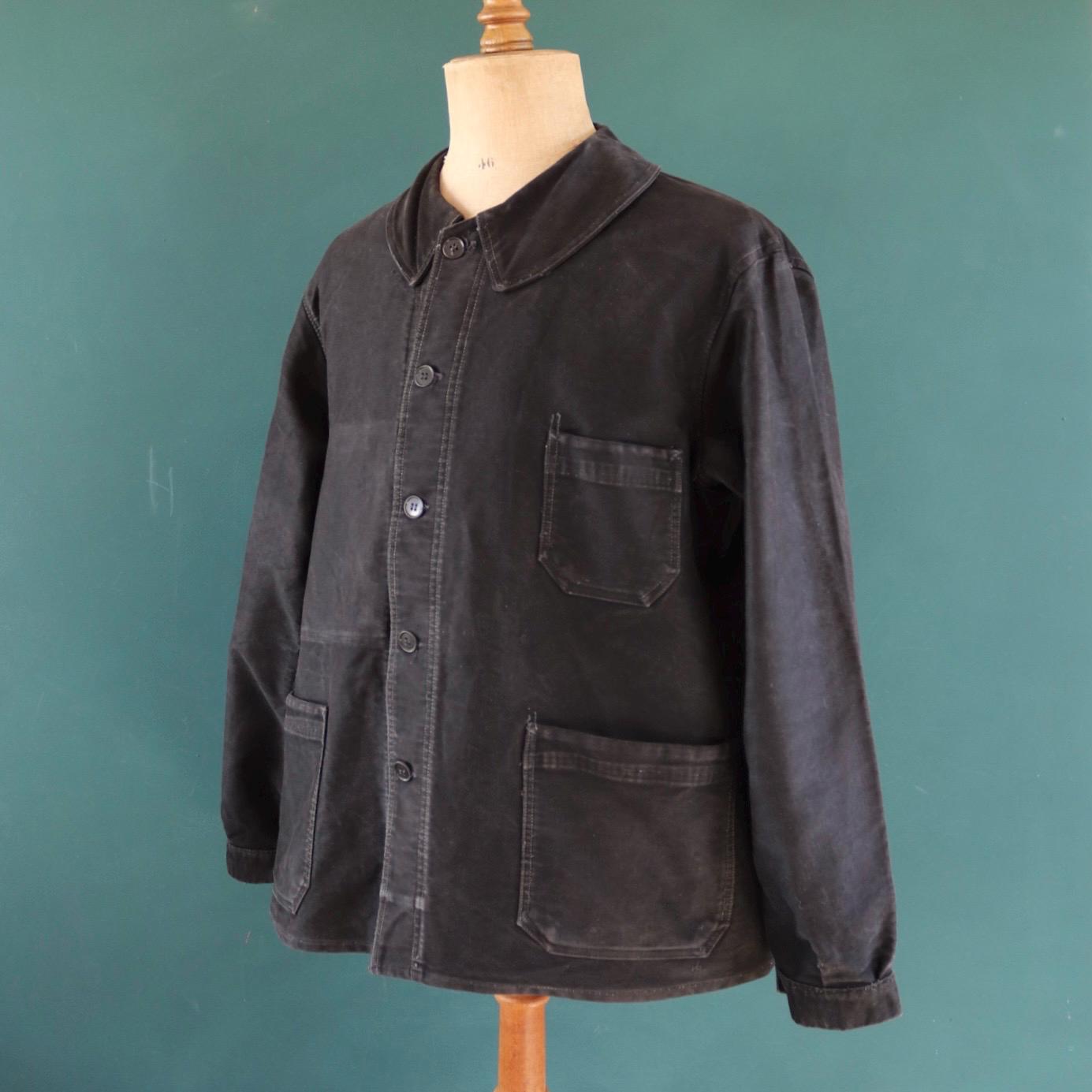 Vintage French black moleskin workwear jacket - L’Ange Bleu - 1950s chore coat - sun faded chore coat - 49” chest