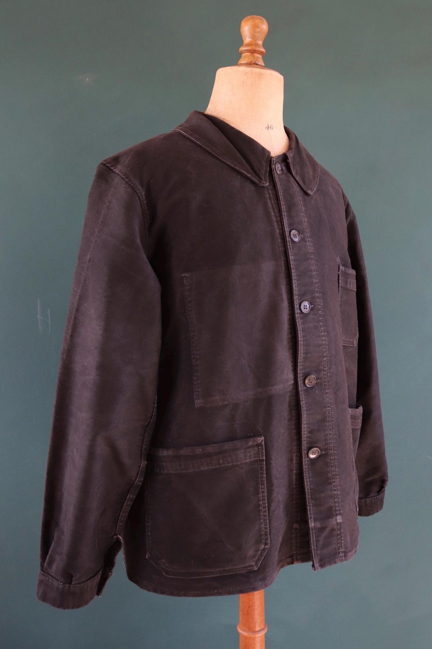 Vintage French black moleskin workwear jacket - L’Ange Bleu - 1950s chore coat - sun faded chore coat - 49” chest