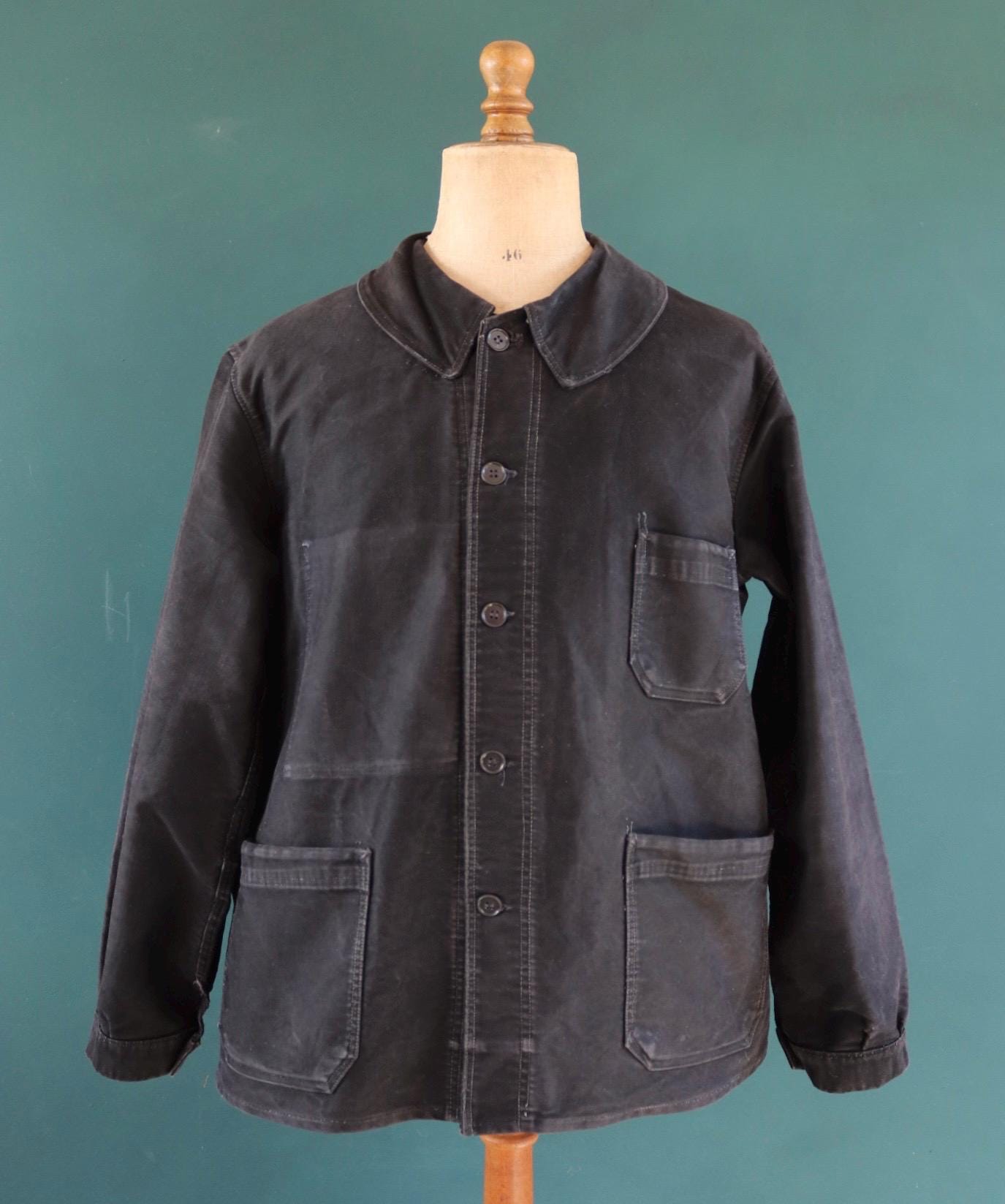 Vintage French black moleskin workwear jacket - L’Ange Bleu - 1950s chore coat - sun faded chore coat - 49” chest