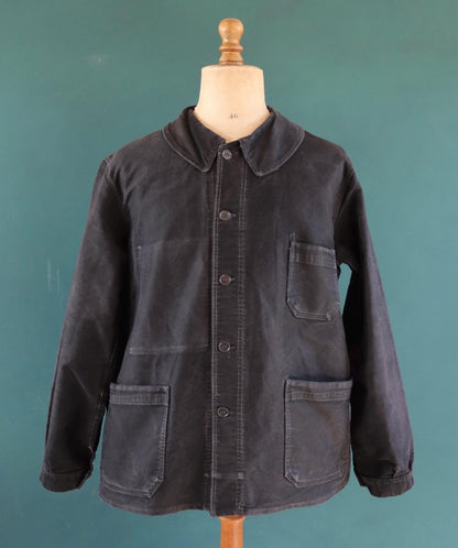 Vintage French black moleskin workwear jacket - L’Ange Bleu - 1950s chore coat - sun faded chore coat - 49” chest