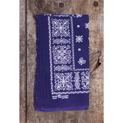 Vintage 1960s indigo workwear bandana - blue cotton neckerchief - Davis and Catterall Elephant - squash blossom print