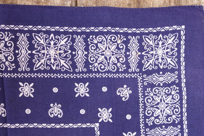 Vintage 1960s indigo workwear bandana - blue cotton neckerchief - Davis and Catterall Elephant - squash blossom print