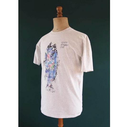 Vintage 1990s Seattle t shirt - designer fish - neon print - grey marl - 42” chest