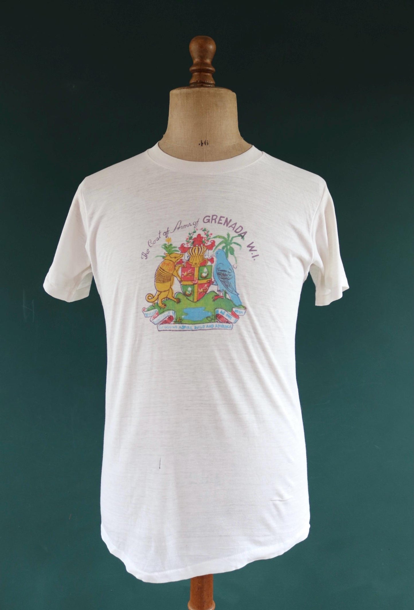 Vintage 1970s Fruit of the loom white t shirt - thrashed tee - coat of arms print - 40” chest