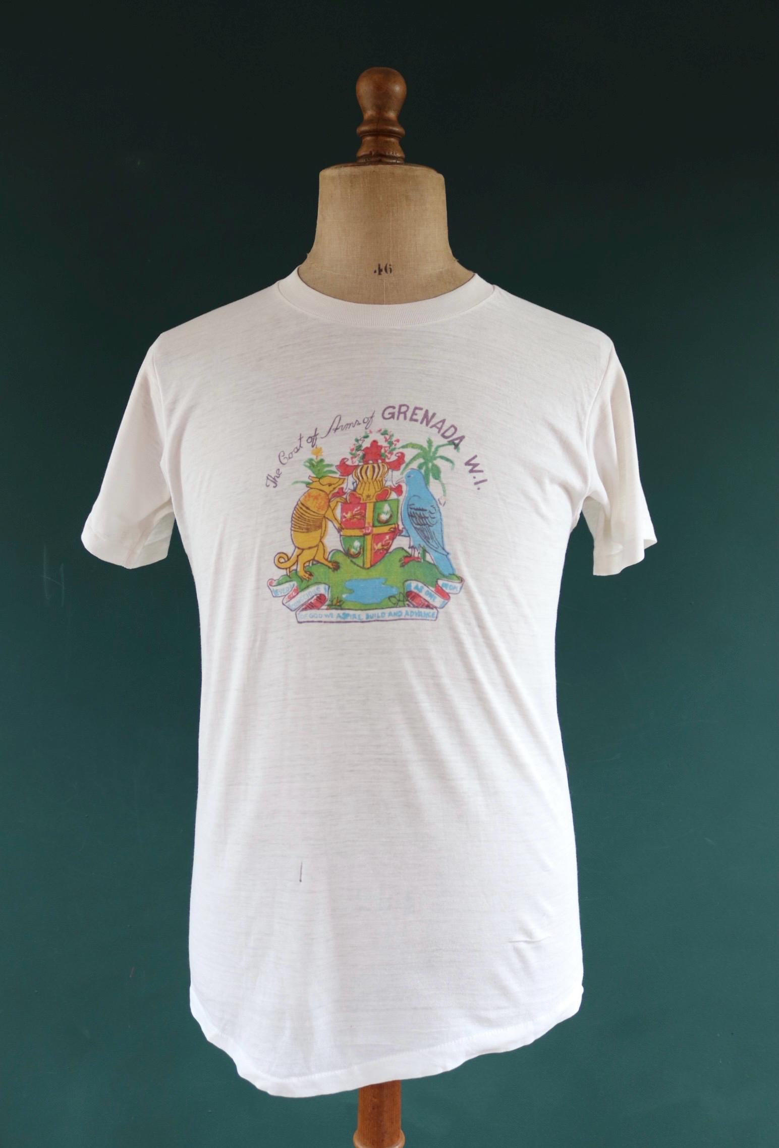 Vintage 1970s Fruit of the loom white t shirt - thrashed tee - coat of arms print - 40” chest