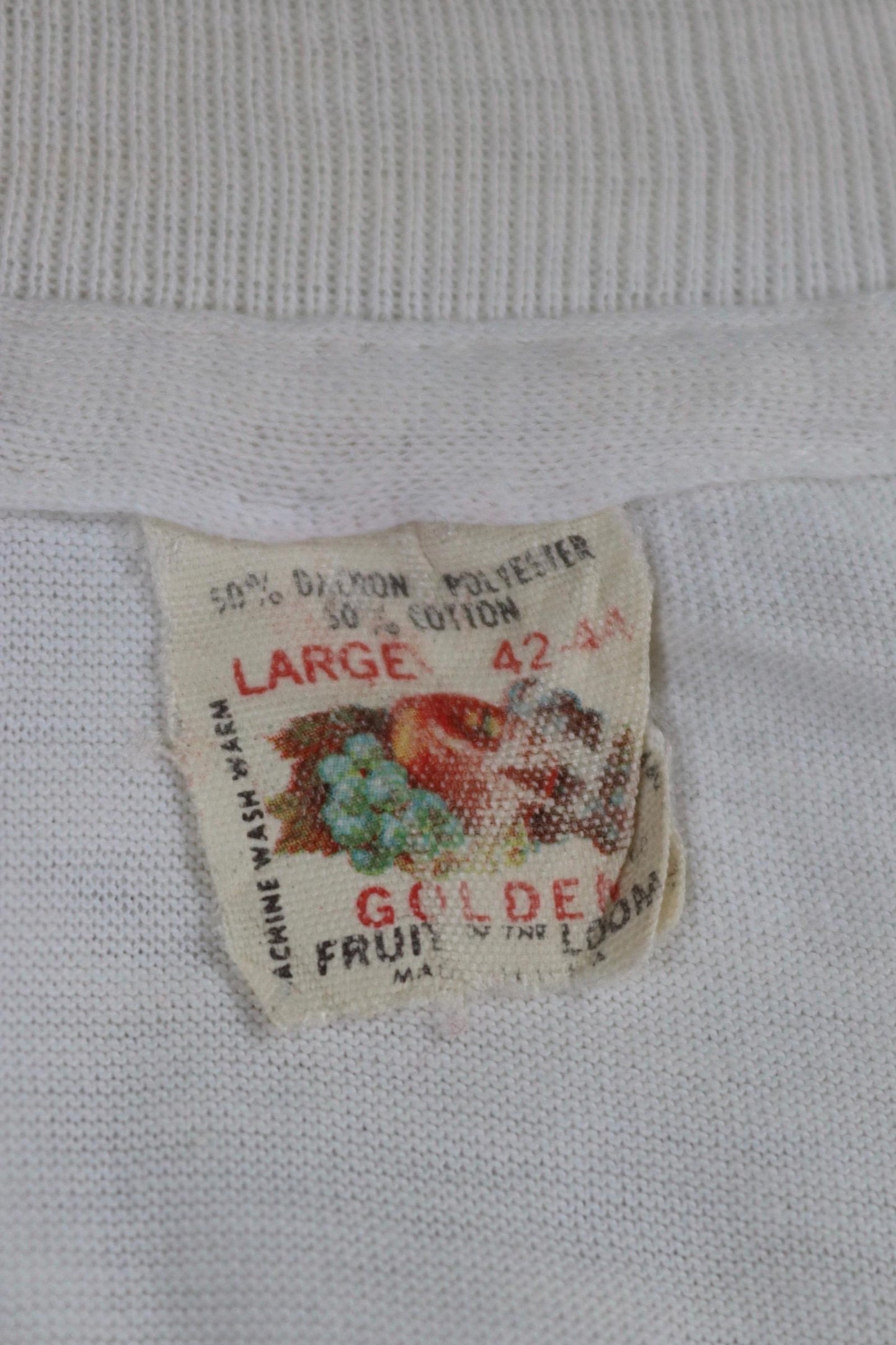 Vintage 1970s Fruit of the loom white t shirt - thrashed tee - coat of arms print - 40” chest