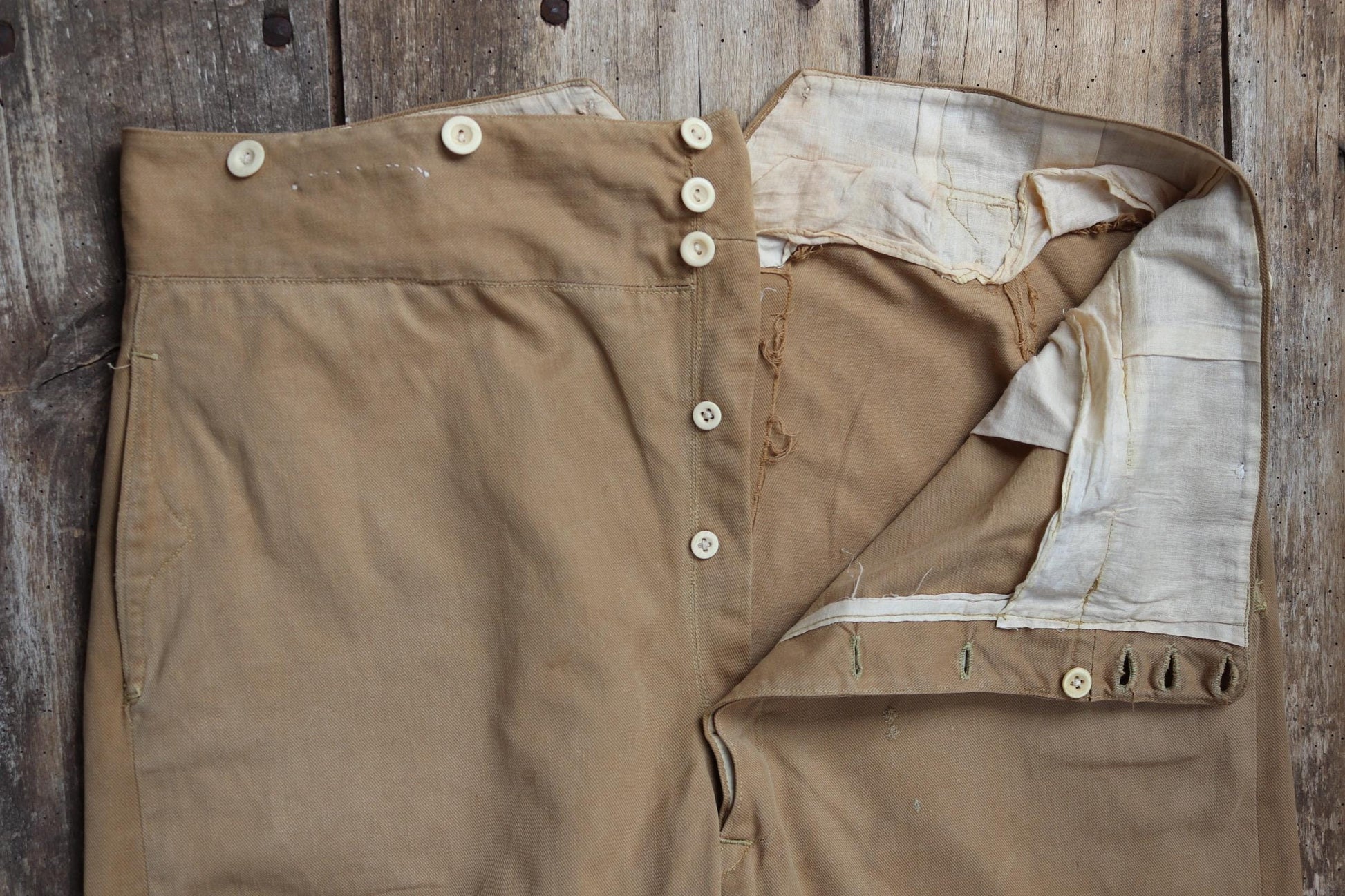 Vintage 1900s 10s French officers trousers - antique military pants - 39” x 30” - buckle back - bone buttons