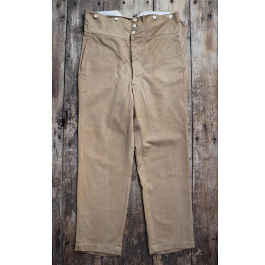 Vintage 1900s 10s French cotton trousers - antique military pants - 38” x 30” - fishtail v notch - buckle back