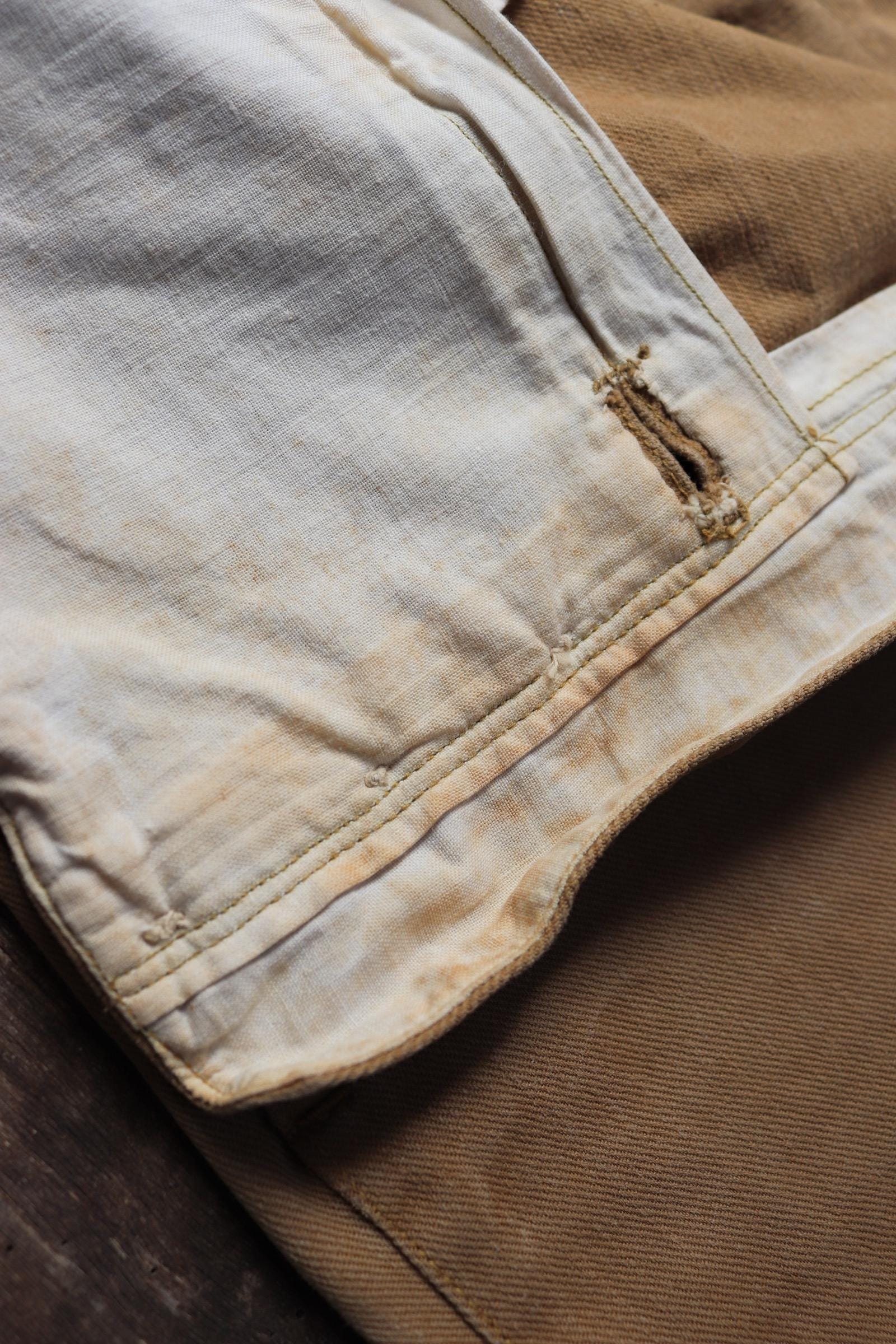 Vintage 1900s 10s French cotton trousers - antique military pants - 38” x 30” - fishtail v notch - buckle back