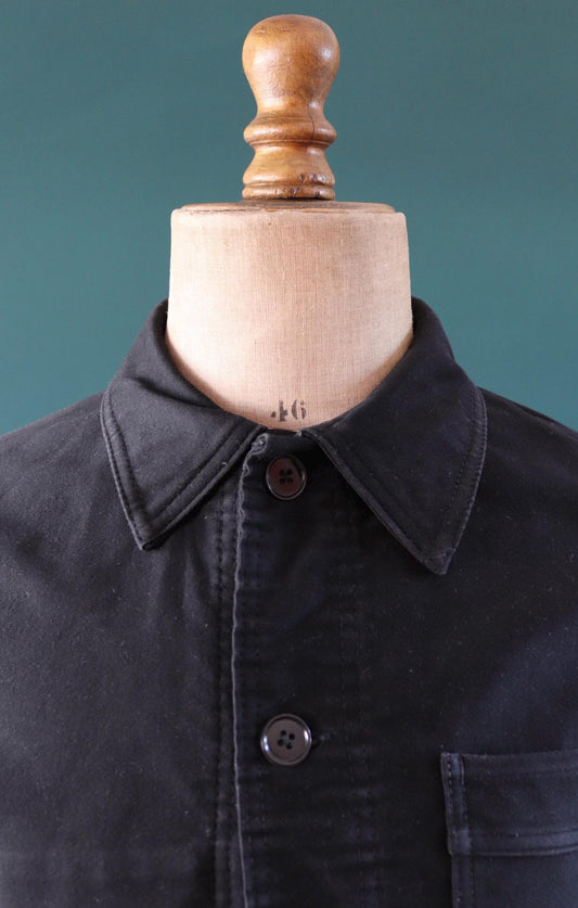 Vintage French black moleskin workwear jacket - Le Mont St Michel - 1950s chore coat - 39” chest