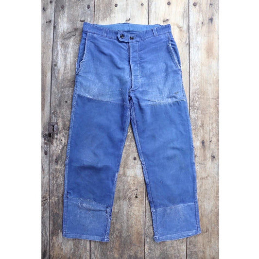 Vintage 1930s 40s French workwear trousers - Le Mont St Michel chore pants - blue moleskin - darned and repaired - 31” x 25”