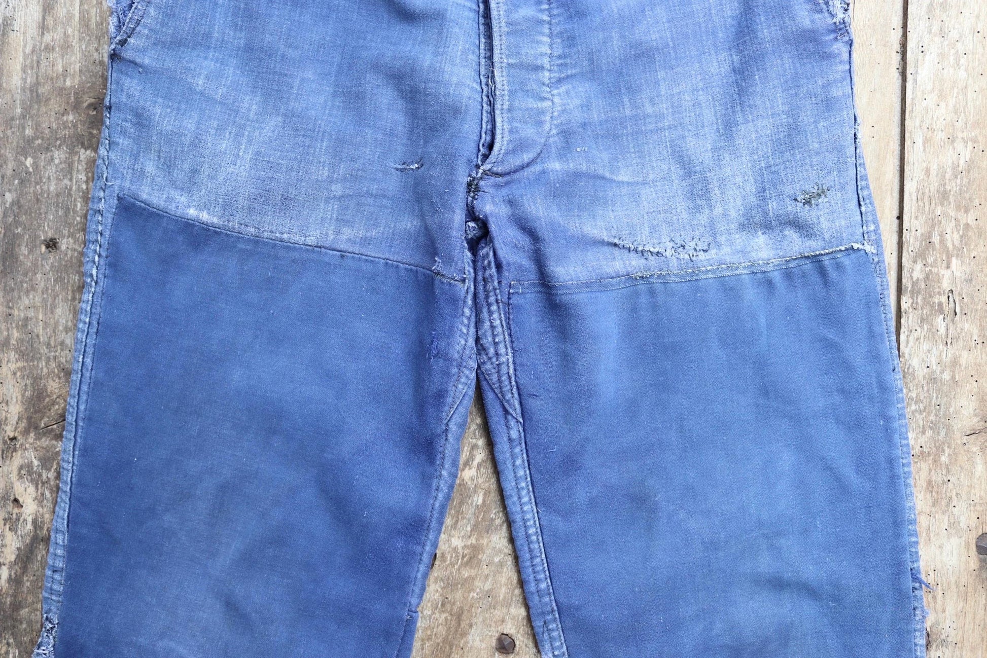 Vintage 1930s 40s French workwear trousers - Le Mont St Michel chore pants - blue moleskin - darned and repaired - 31” x 25”