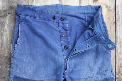 Vintage 1930s 40s French workwear trousers - Le Mont St Michel chore pants - blue moleskin - darned and repaired - 31” x 25”