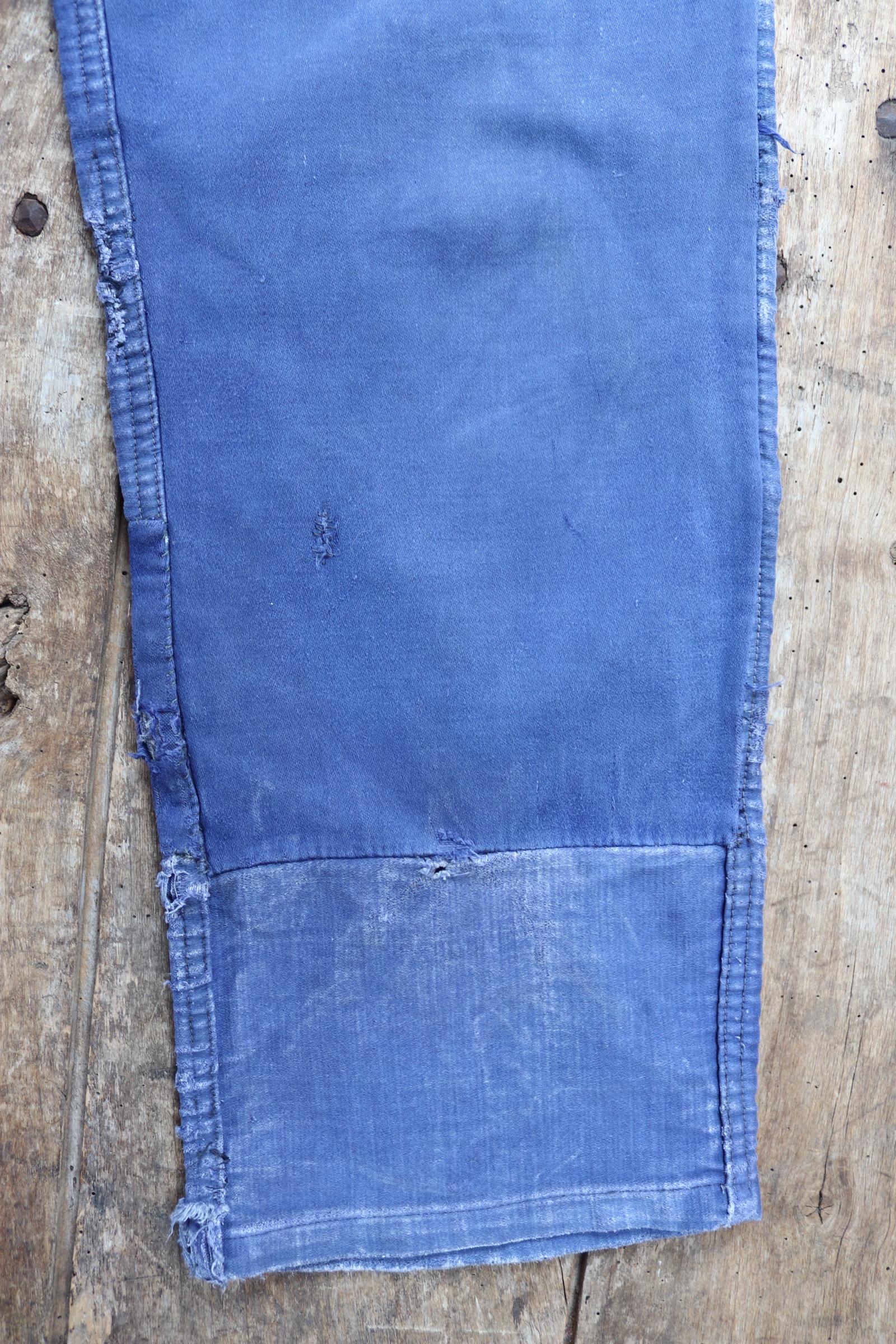 Vintage 1930s 40s French workwear trousers - Le Mont St Michel chore pants - blue moleskin - darned and repaired - 31” x 25”