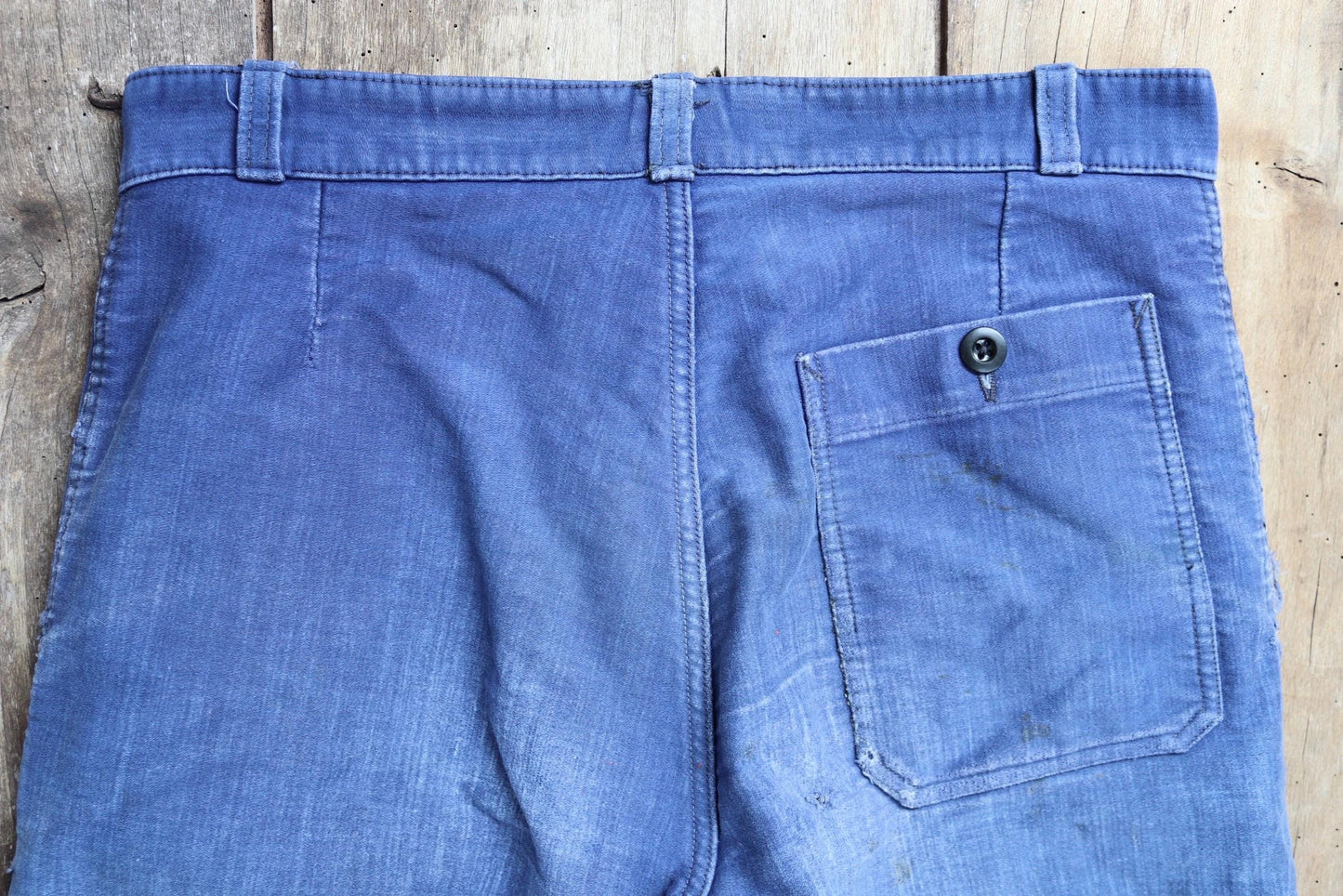 Vintage 1930s 40s French workwear trousers - Le Mont St Michel chore pants - blue moleskin - darned and repaired - 31” x 25”