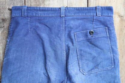 Vintage 1930s 40s French workwear trousers - Le Mont St Michel chore pants - blue moleskin - darned and repaired - 31” x 25”