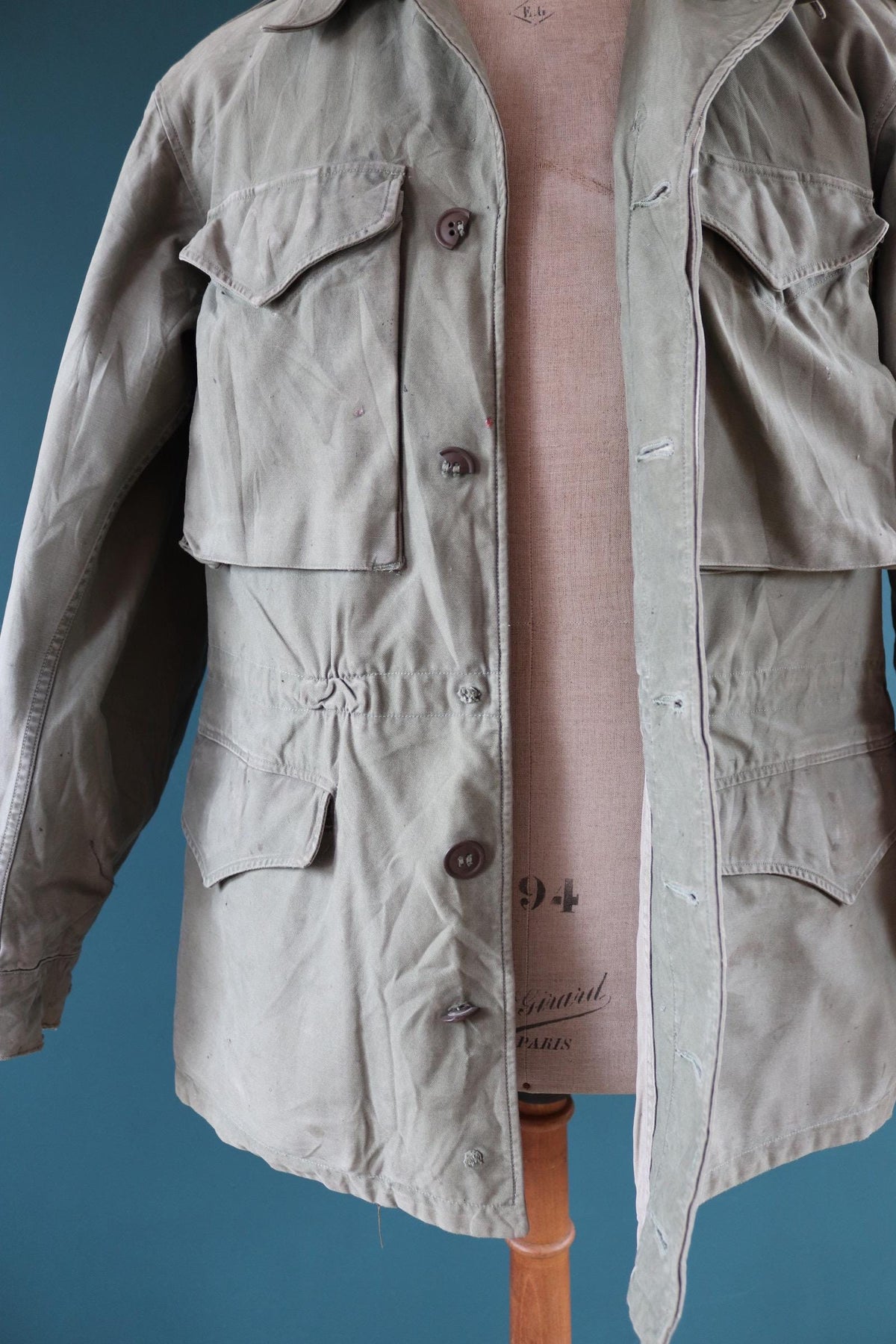 Vintage 1940s US army field jacket - M43 - green sateen cotton - 43” chest