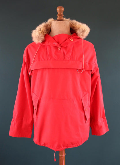 Vintage 1970s 80s red Norwegian smock - hiking anorak - 44” chest - fur trim hood - for skiing or walking