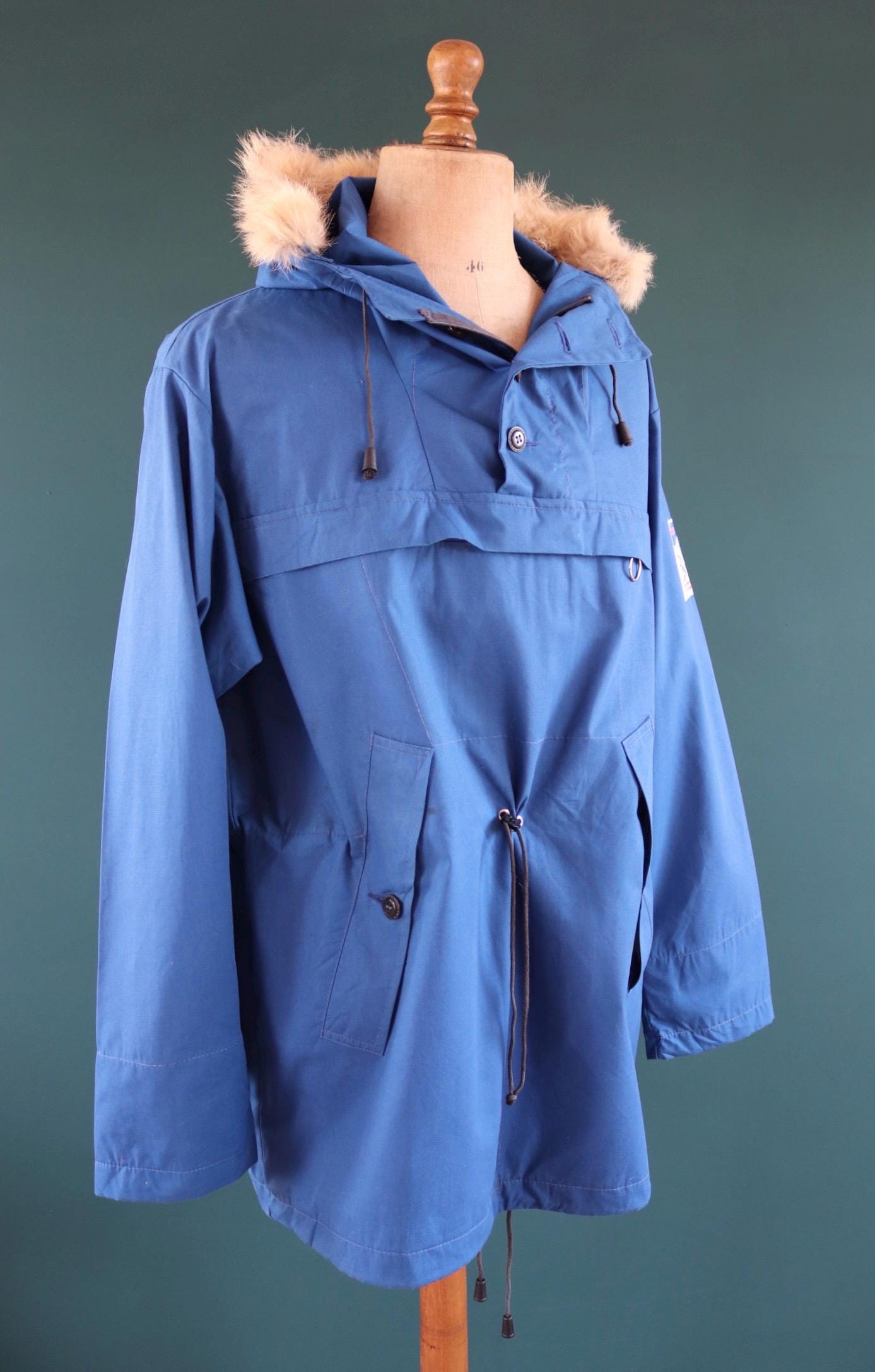 Vintage 2000s blue Norwegian smock - hiking anorak - 50” chest - fur trim hood - for skiing or walking