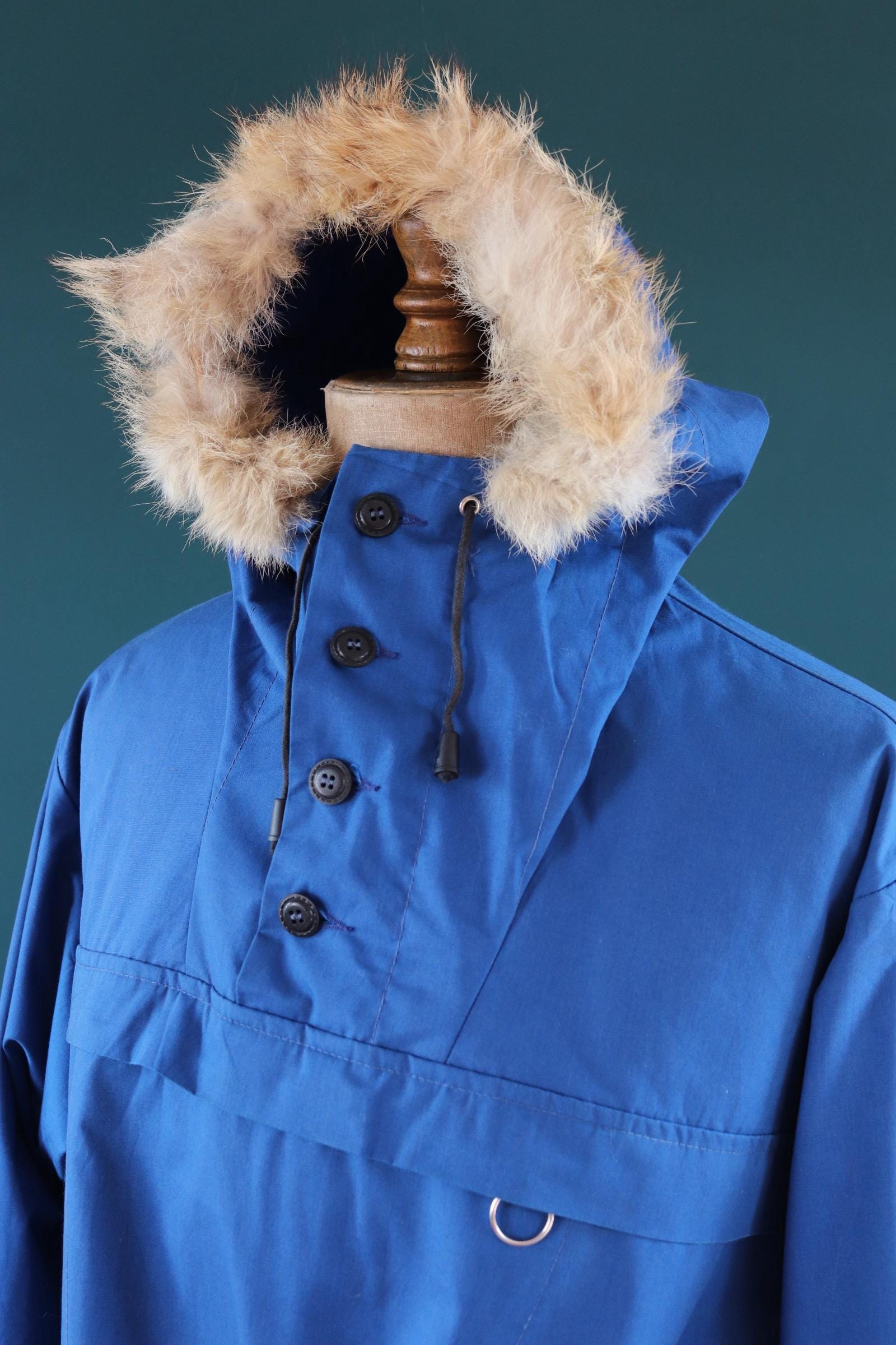 Vintage 2000s blue Norwegian smock - hiking anorak - 50” chest - fur trim hood - for skiing or walking