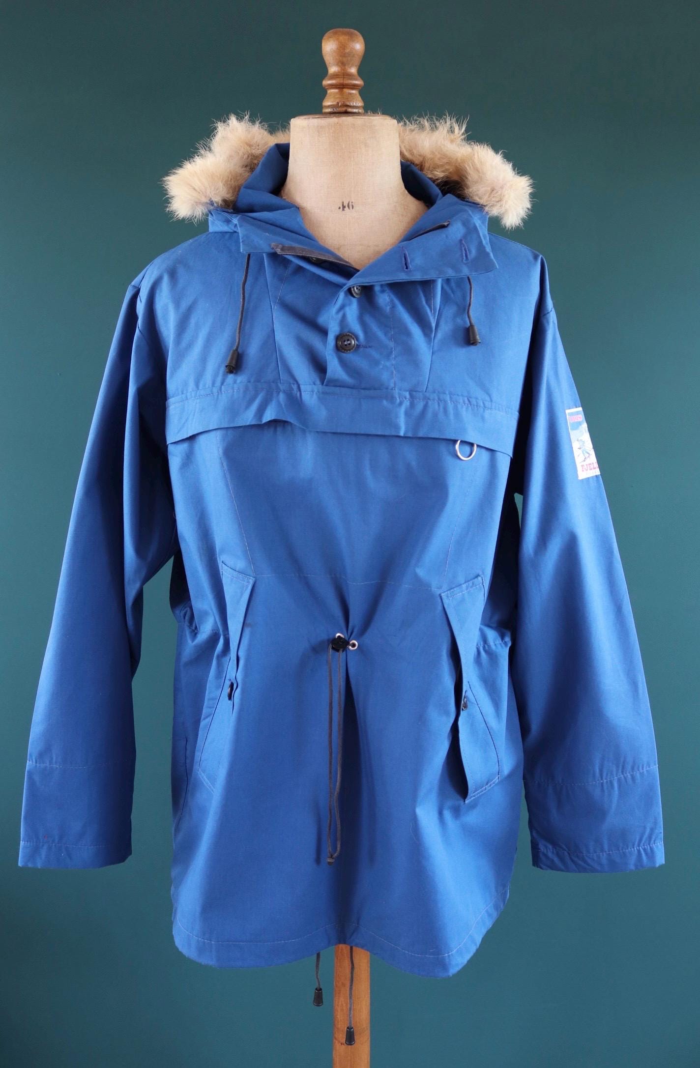 Vintage 2000s blue Norwegian smock - hiking anorak - 50” chest - fur trim hood - for skiing or walking