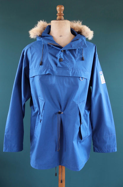 Vintage 2000s blue Norwegian smock - hiking anorak - 50” chest - fur trim hood - for skiing or walking