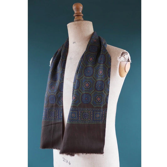 Vintage mens neck scarf - Italian wool and silk - brown blue and green - Goodwood festival - wedding attire
