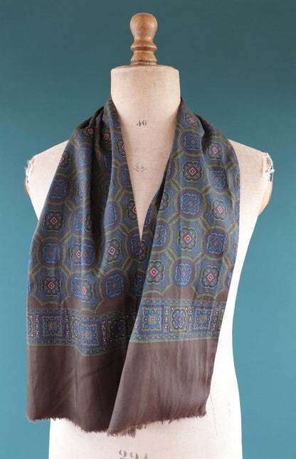 Vintage mens neck scarf - Italian wool and silk - brown blue and green - Goodwood festival - wedding attire