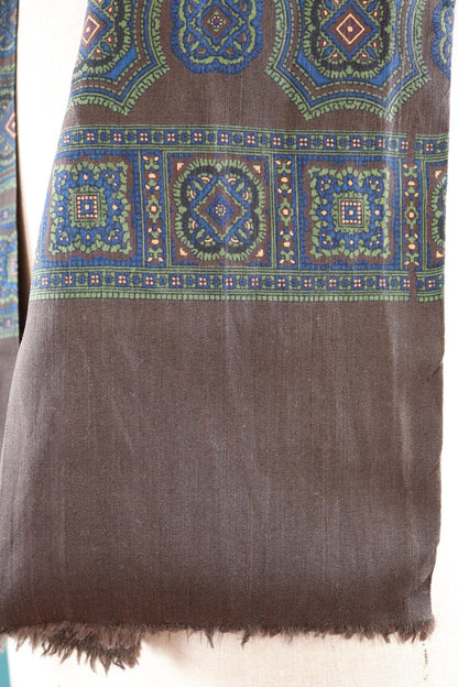 Vintage mens neck scarf - Italian wool and silk - brown blue and green - Goodwood festival - wedding attire