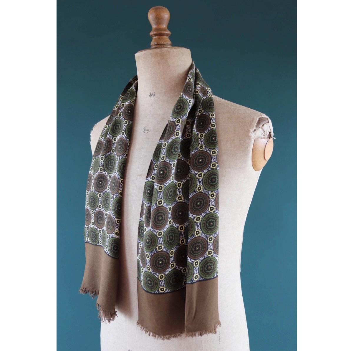 Vintage mens neck scarf - wool and silk - brown and green - Goodwood festival - wedding attire