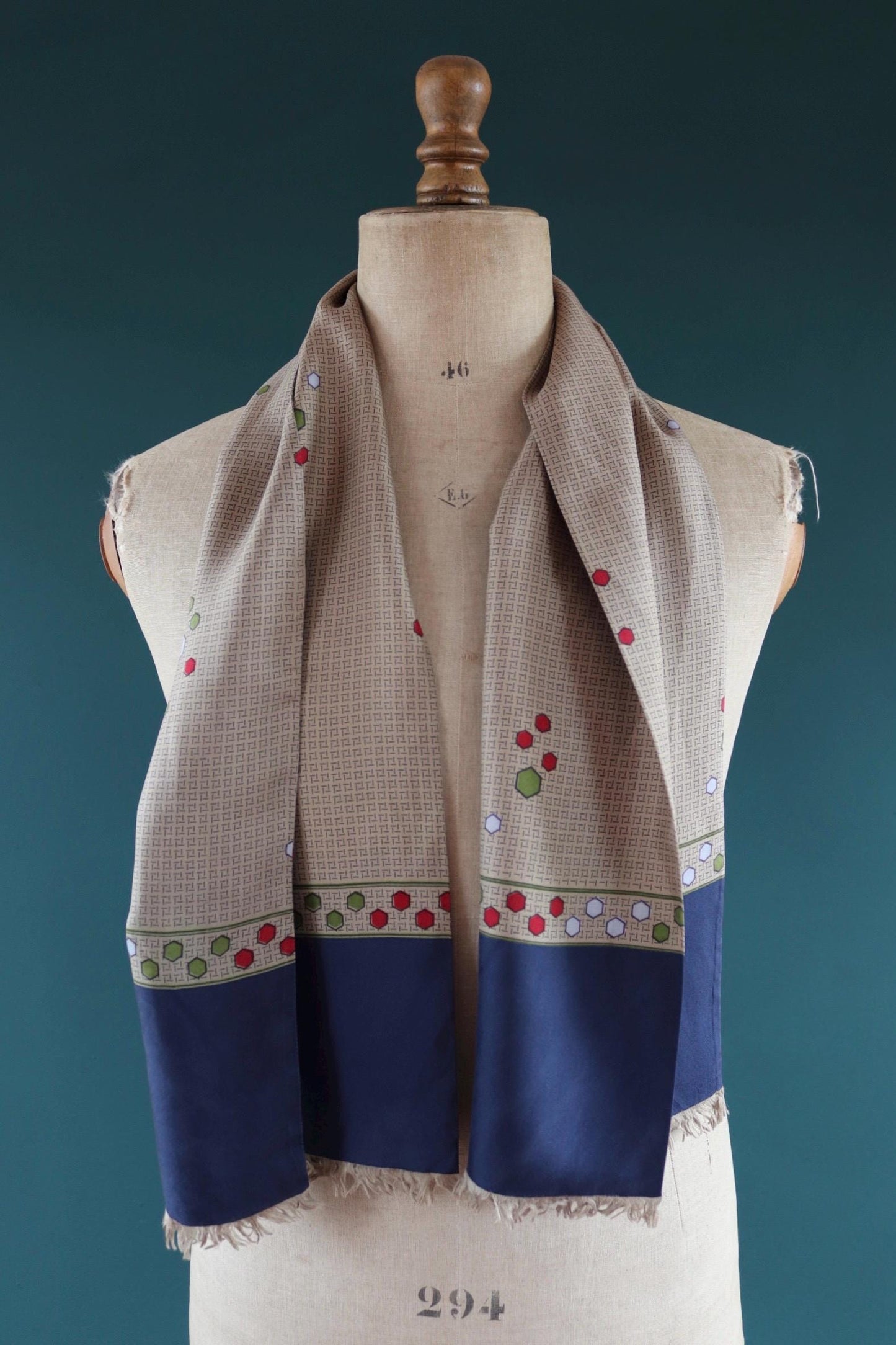 Vintage mens neck scarf - taupe and navy blue - mod style - Goodwood festival - wedding attire