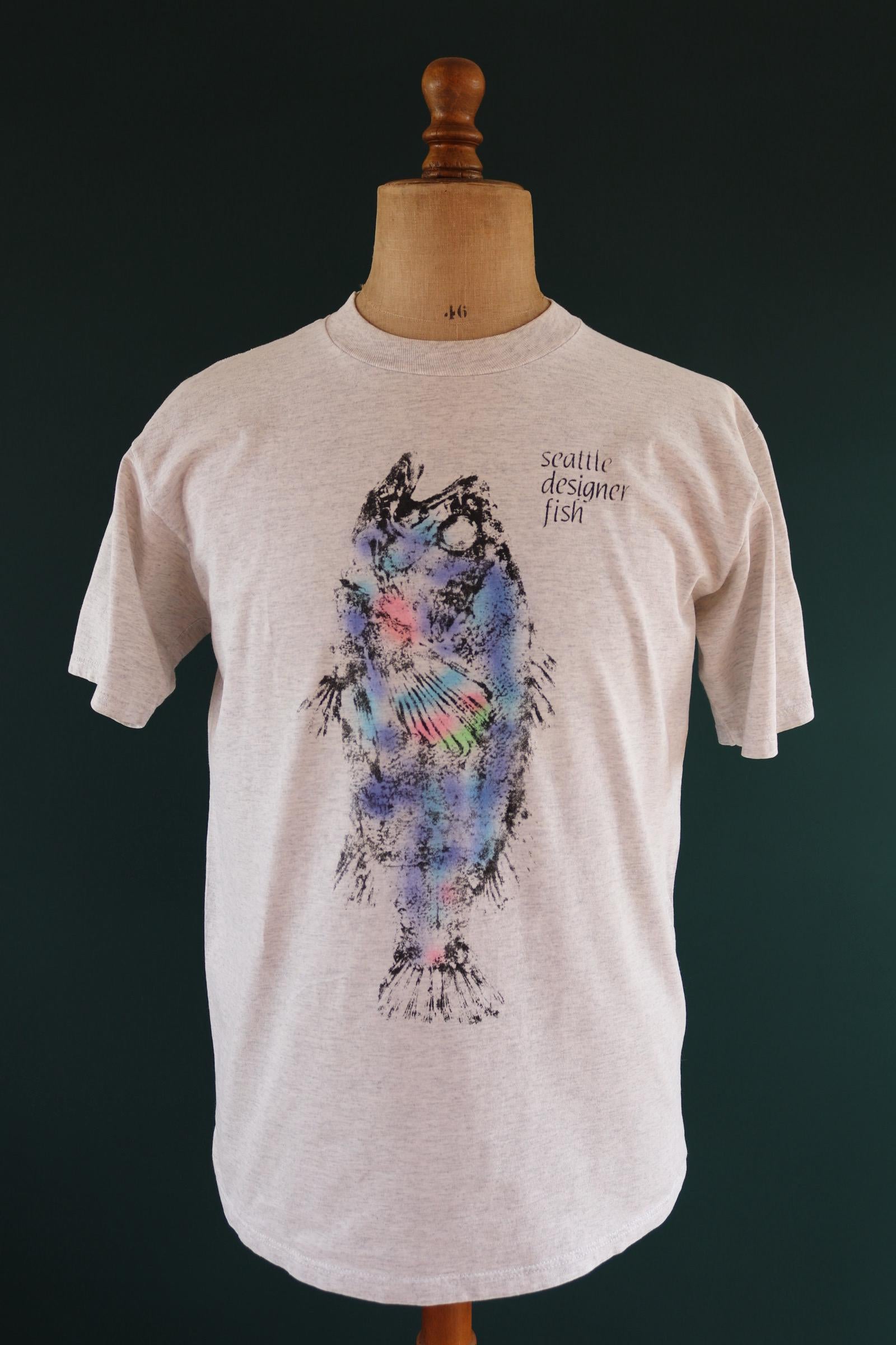 Vintage 1990s Seattle t shirt - designer fish - neon print - grey marl - 42” chest