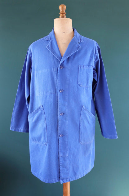 Vintage 1970s French long chore coat - workwear jacket - 49” chest - bleu de travail - cotton twill overalls - back belt
