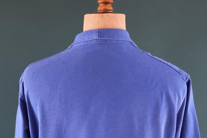 Vintage 1970s French long chore coat - workwear jacket - 49” chest - bleu de travail - cotton twill overalls - back belt