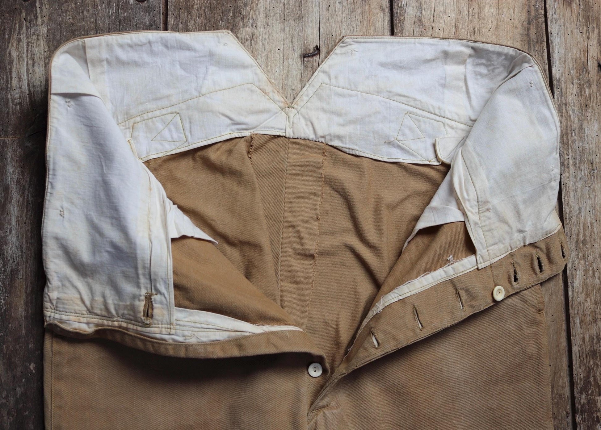 Vintage 1900s 10s French cotton trousers - antique military pants - 38” x 30” - fishtail v notch - buckle back