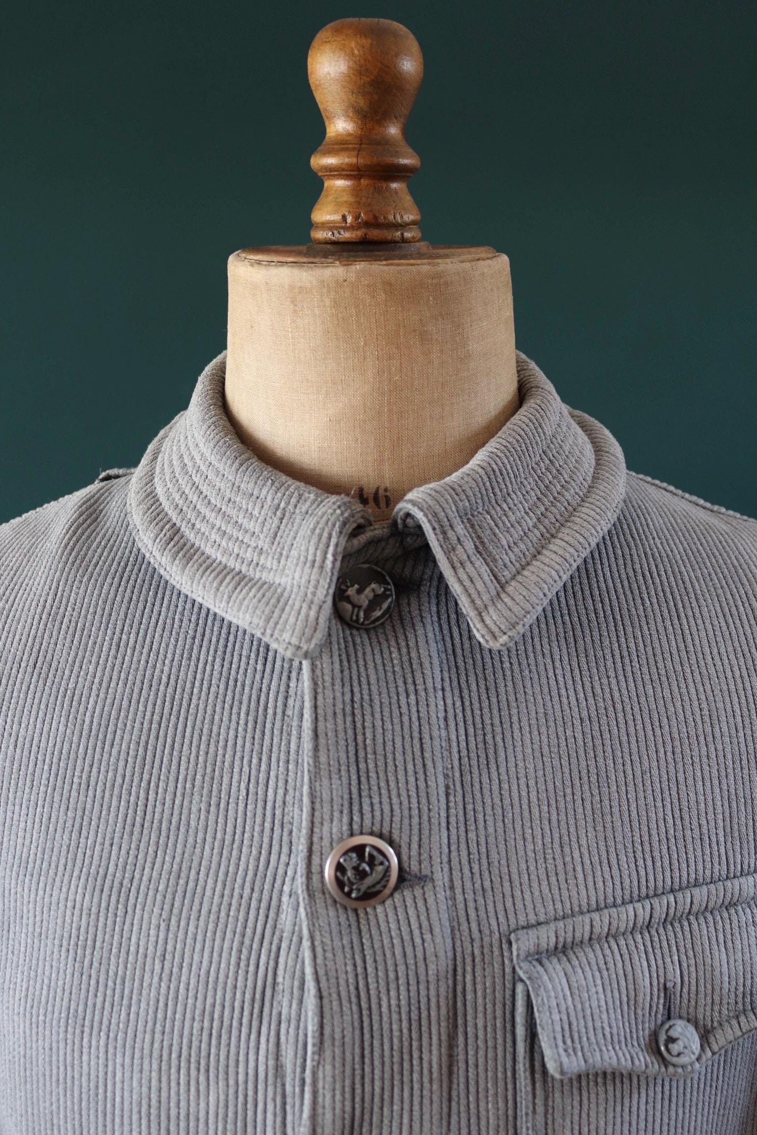 Vintage 1960s French hunting jacket - velours cotele workwear - coutil pique - 40” chest - venery animal scene buttons