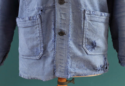 Vintage French blue moleskin jacket - Le Laboureur - 1960s chore coat - distressed condition workwear - 42” chest - faded bleu de travail