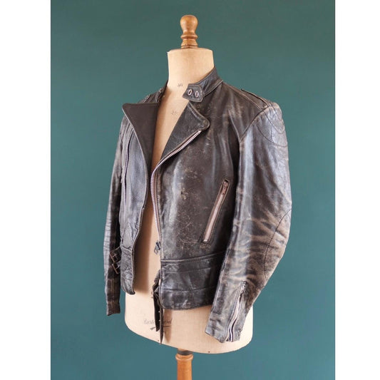Vintage 1980s British black leather cafe racer jacket - 38” chest