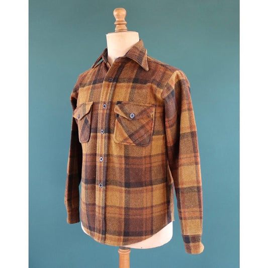 Vintage 1960s Campus plaid wool shirt - checked cpo - 43" chest - for camping, hiking, workwear