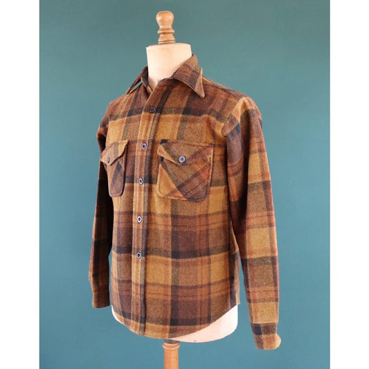 Vintage 1960s Campus plaid wool shirt - checked cpo - 43" chest - for camping, hiking, workwear