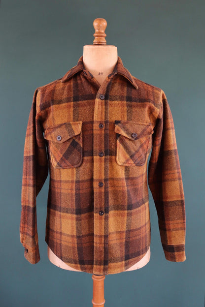 Vintage 1960s Campus plaid wool shirt - checked cpo - 43" chest - for camping, hiking, workwear