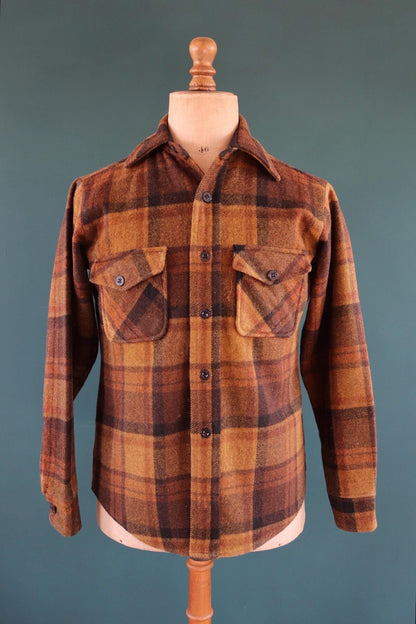 Vintage 1960s Campus plaid wool shirt - checked cpo - 43" chest - for camping, hiking, workwear
