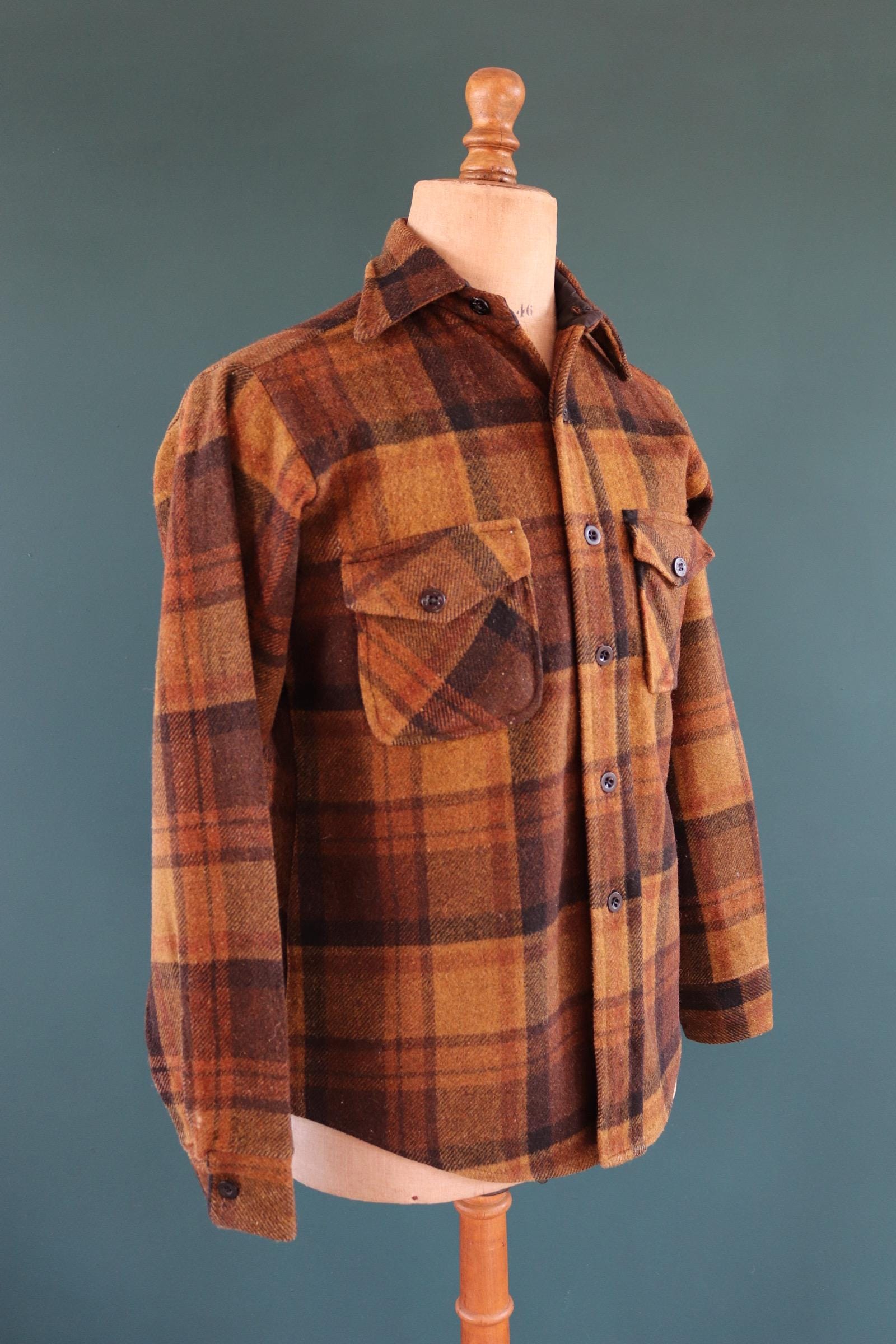 Vintage 1960s Campus plaid wool shirt - checked cpo - 43" chest - for camping, hiking, workwear