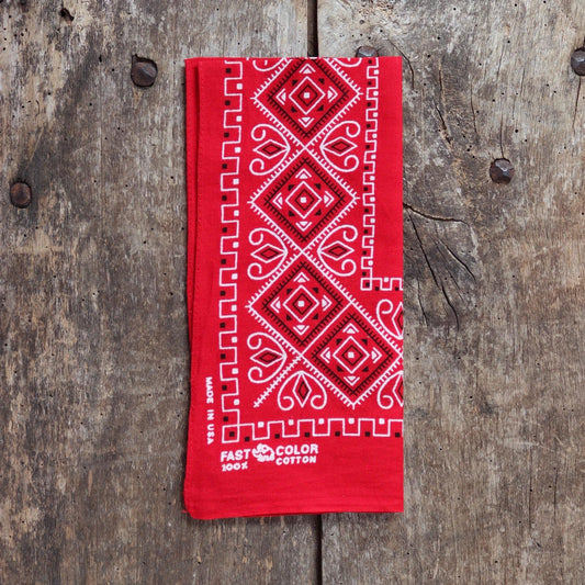 Vintage 1960s red cotton bandana - trunk up Elephant brand - colourfast neckerchief - squash blossom design - Davis and Catterall