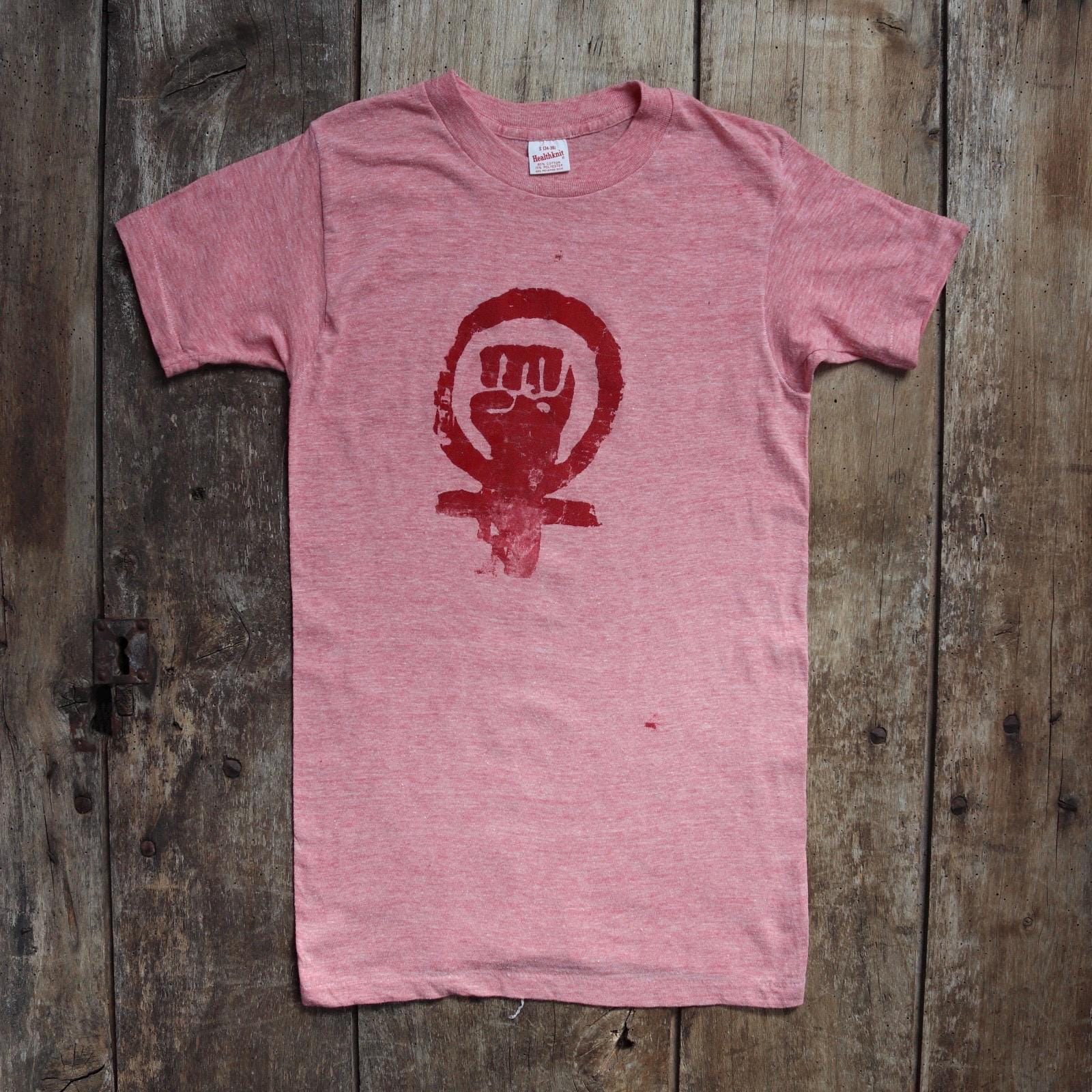 Vintage 1970s 80s pink marl t shirt - womens rights - feminist activism - 30” chest