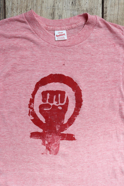 Vintage 1970s 80s pink marl t shirt - womens rights - feminist activism - 30” chest