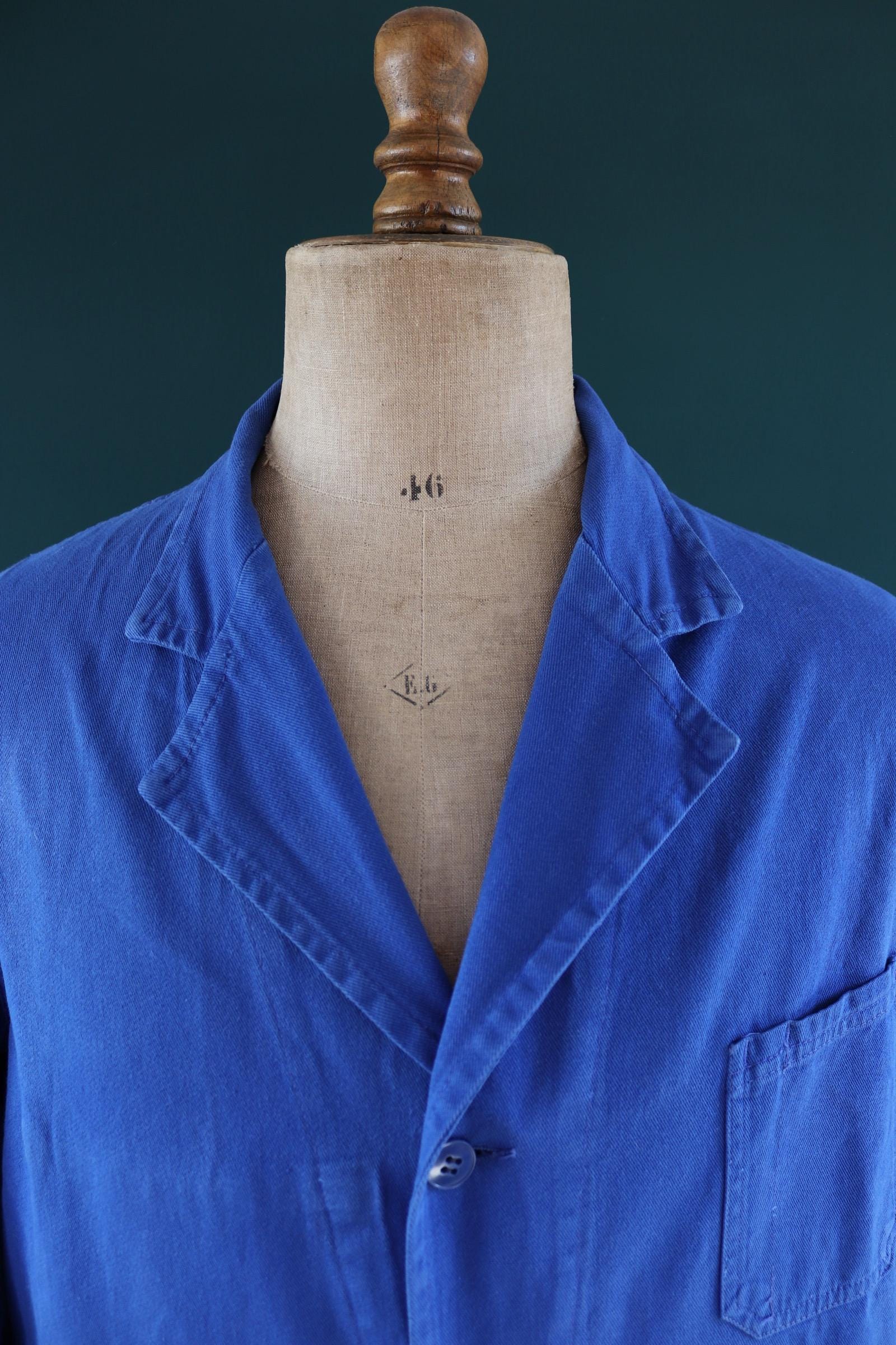 Vintage 1970s French long chore coat - workwear jacket - 49” chest - bleu de travail - cotton twill overalls - back belt