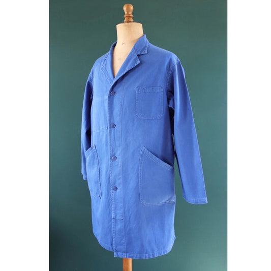 Vintage 1970s French long chore coat - workwear jacket - 49” chest - bleu de travail - cotton twill overalls - back belt