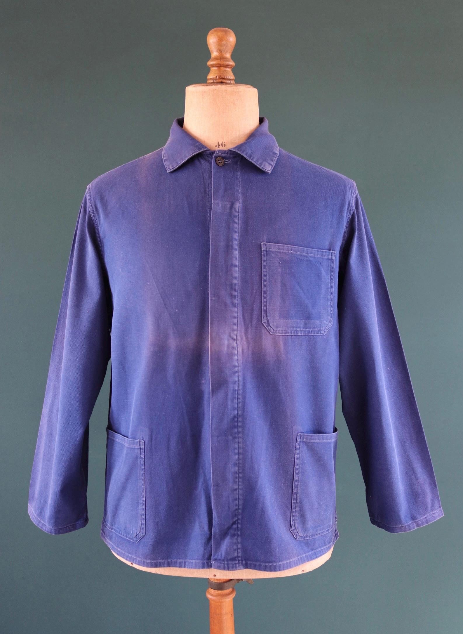 Vintage 1970s French blue workwear jacket - sun faded cotton twill - 46” chest - bleu de travail