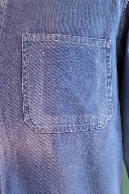 Vintage 1970s French blue workwear jacket - sun faded cotton twill - 46” chest - bleu de travail
